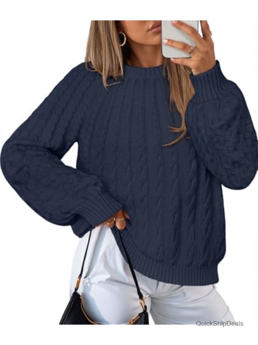 Cable Knit Lantern Sleeve Chunky Pullover Sweater